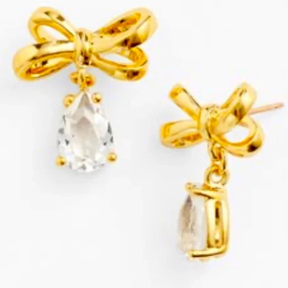 New Kate Spade Gold Tone Bow CZ Dangle Earrings - Picture 11 of 14